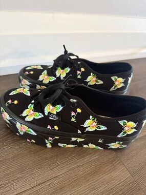 Vans Black Canvas Low-Top  Platform Sneakers with Neon Butterfly Print